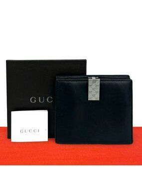 Gucci GG Logo Leather Bifold Wallet Bill Purse Coin Card Case Black